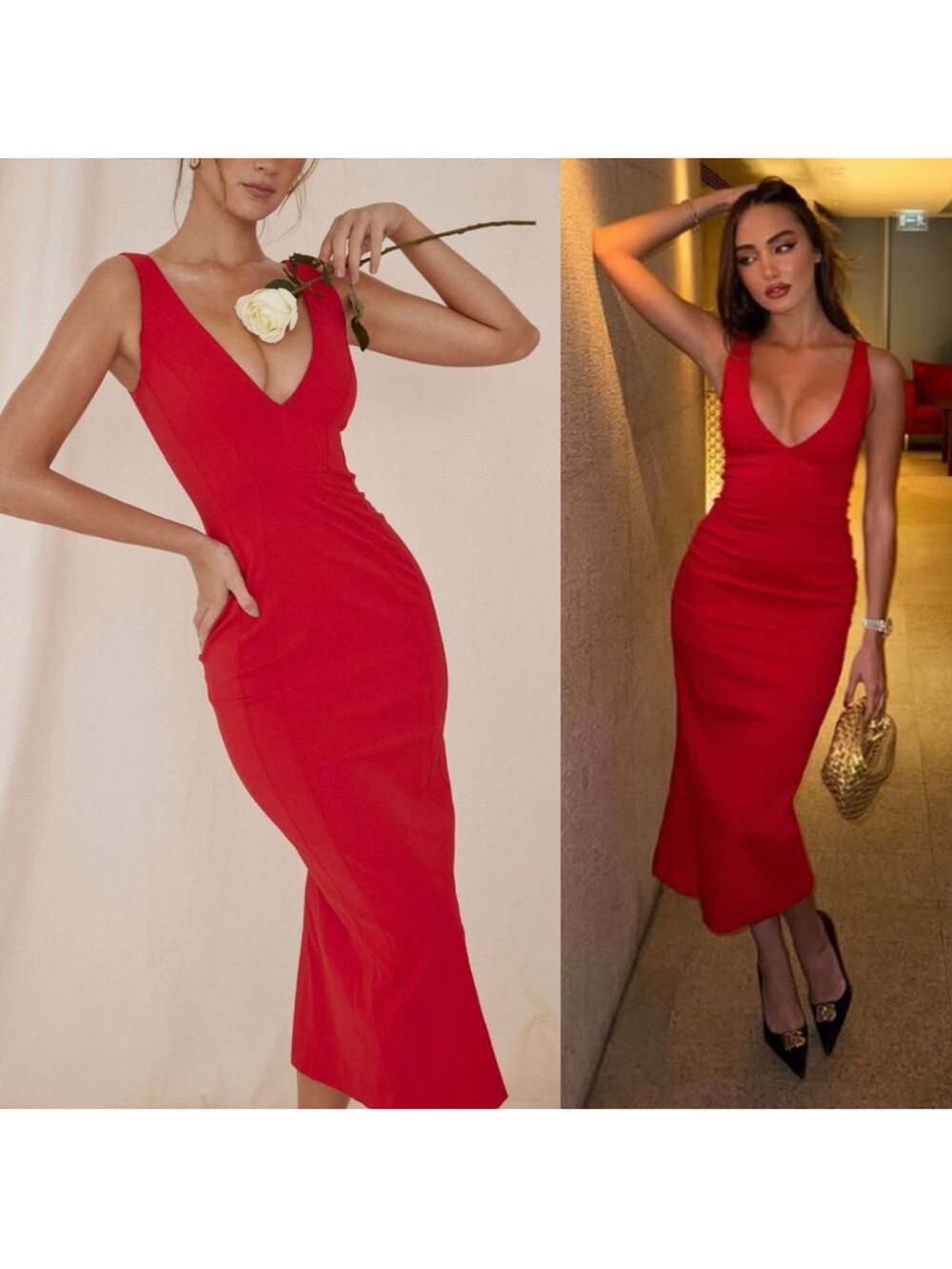 HOUSE OF CB Cece Red Rose Plunge V neck Midi Dress Size M